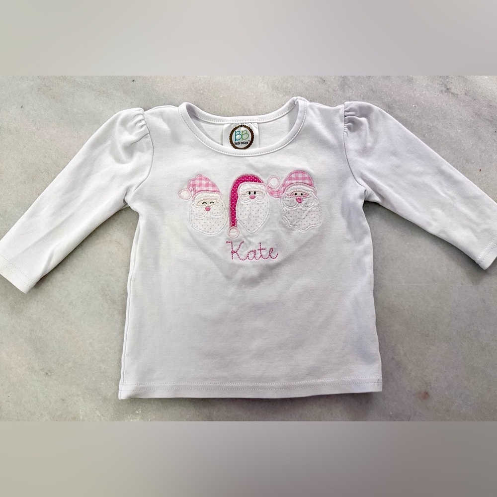 White and Pink Santa Shirt personalized with “kate” monogram